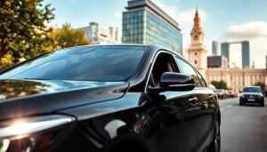 Experience luxury chauffeur service London with a professional driver in a sleek black car against a vibrant city backdrop.