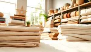 Katoen stoffen verzameld in een gezellige winkel met aangename kleuren en texturen.