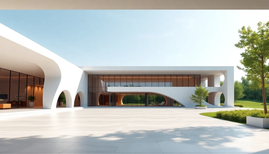 Erstellen Sie beeindruckende 3d visualisierung von modernem Architekturdesign in Naturlandschaft.