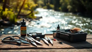 Showcase of fly fishing accessories including tools and gear in a serene outdoor setting.