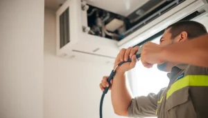 Ensure quality ac repair mesa az service with a professional technician fixing an AC unit in a bright home.